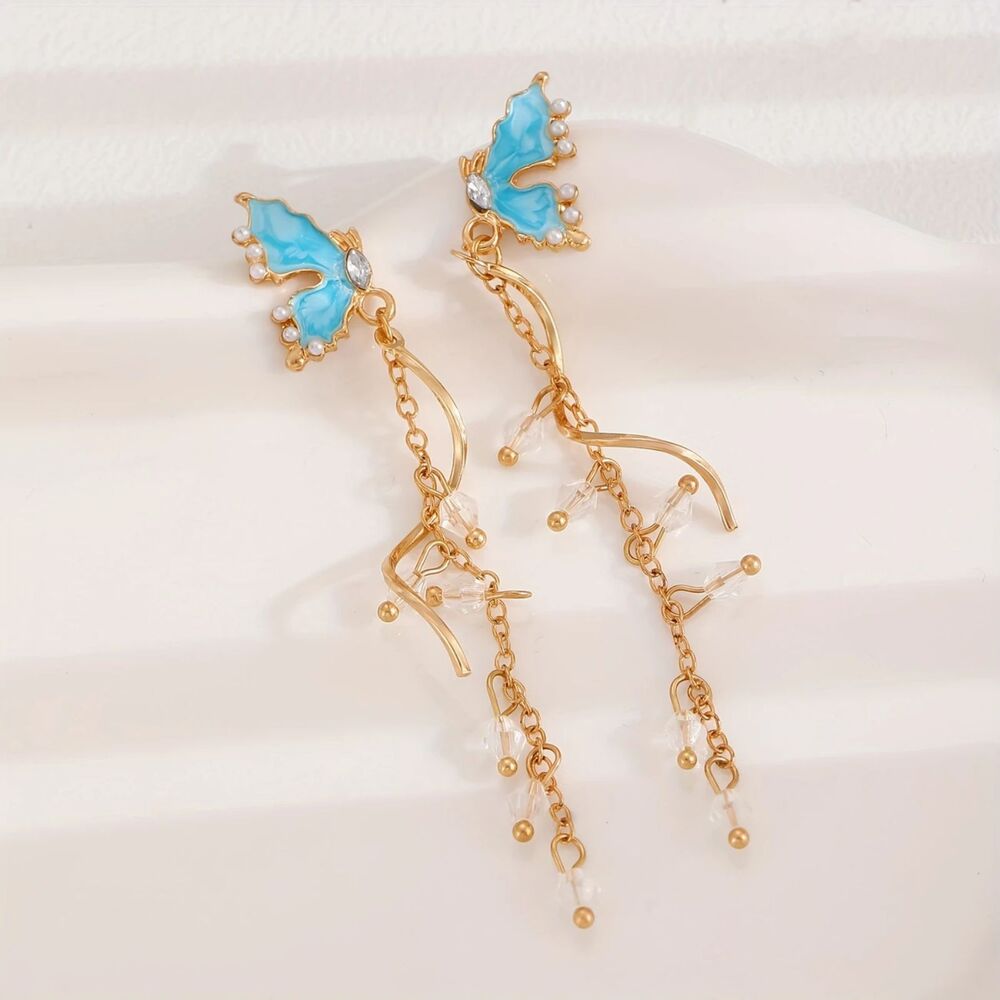 Wicked Silk Blue Butterfly Jewel Luxurious Long Dangle Gold Pearl Drop Earrings